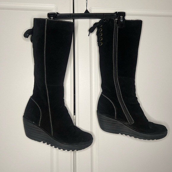 FLY London Yust Suede Wedge Boot - Picture 1 of 14
